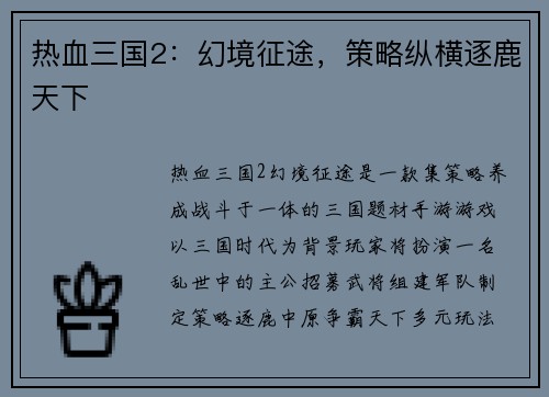 热血三国2：幻境征途，策略纵横逐鹿天下